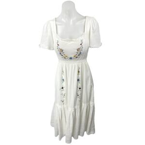 Just Me White Floral Lace Embroidered Puff Sleeve Tiered Midi A-Line Dress Sz S